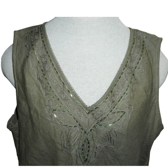 Bill Blass Jeanswear Green Beaded Linen Blend Sleeveless Top Women’s XL - Picture 2 of 6